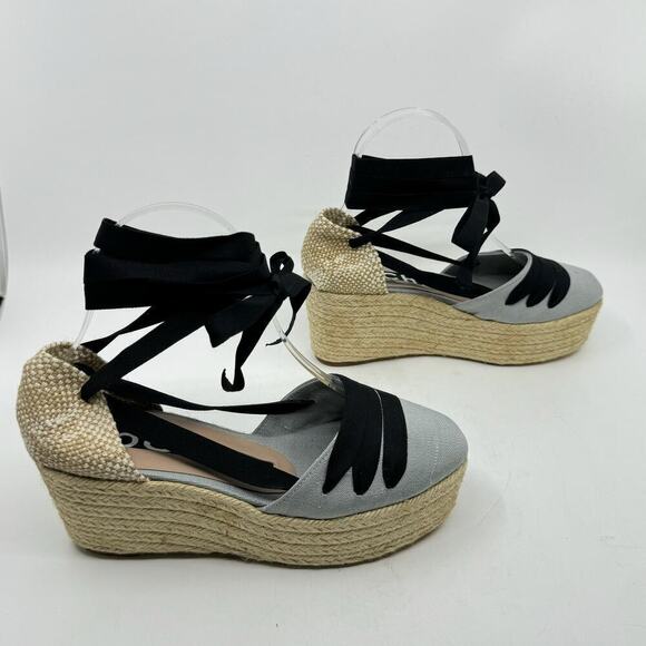 NWT ROCHAS Ice-Gray Espadrilles Platform Wedges w/ Ribbons - Size 37 - Picture 3 of 11